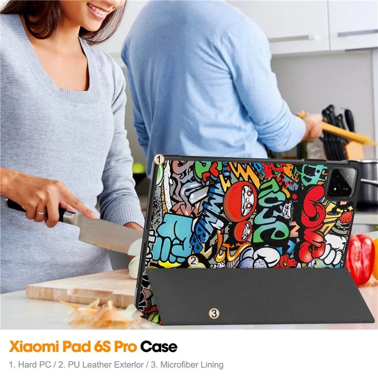 For Xiaomi Pad 6S Pro 12.4 Leather Case Trifold Stand Pattern Printing Tablet Cover