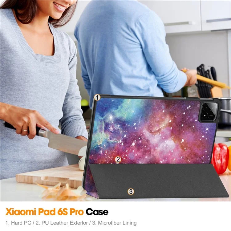 For Xiaomi Pad 6S Pro 12.4 Leather Case Trifold Stand Pattern Printing Tablet Cover