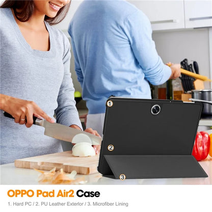 For Oppo Pad Air 2 Case PC+Leather Auto Wake Sleep Protective Shell with Tri-fold Stand