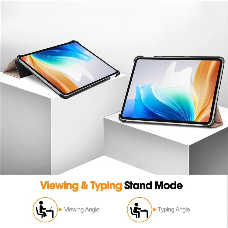 For Oppo Pad Air 2 Case PC+Leather Auto Wake Sleep Protective Shell with Tri-fold Stand