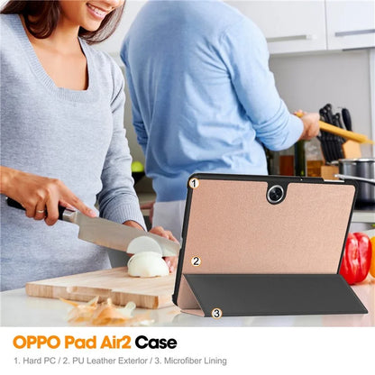 For Oppo Pad Air 2 Case PC+Leather Auto Wake Sleep Protective Shell with Tri-fold Stand