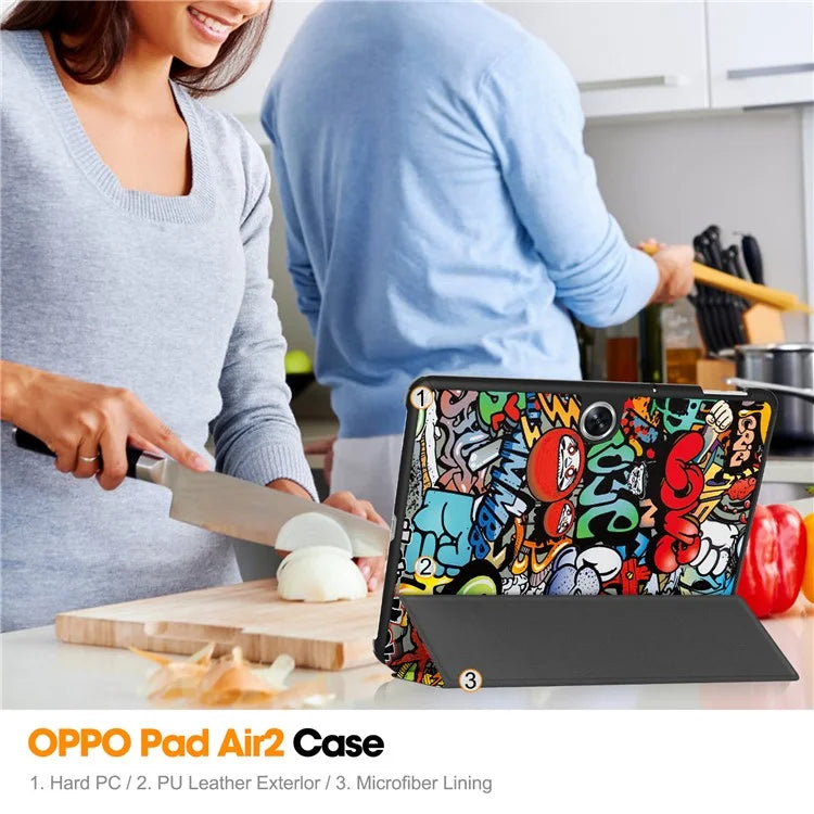 For Oppo Pad Air 2 Tablet Case Trifold Stand Pattern Printing Drop-proof Cover