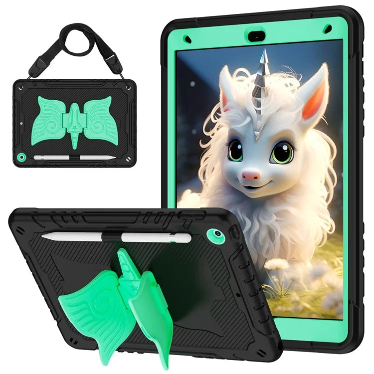 For iPad 10.2 (2021) / 10.2 (2019) / 10.2 (2020) Case Silicone+PC Unicorn Kickstand Tablet Cover with Shoulder Strap