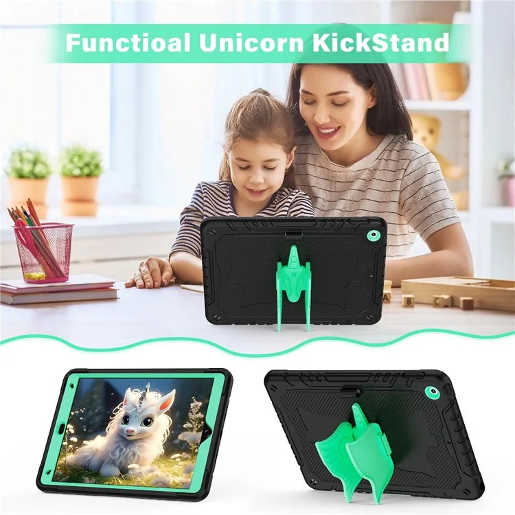 For iPad 10.2 (2021) / 10.2 (2019) / 10.2 (2020) Case Silicone+PC Unicorn Kickstand Tablet Cover with Shoulder Strap