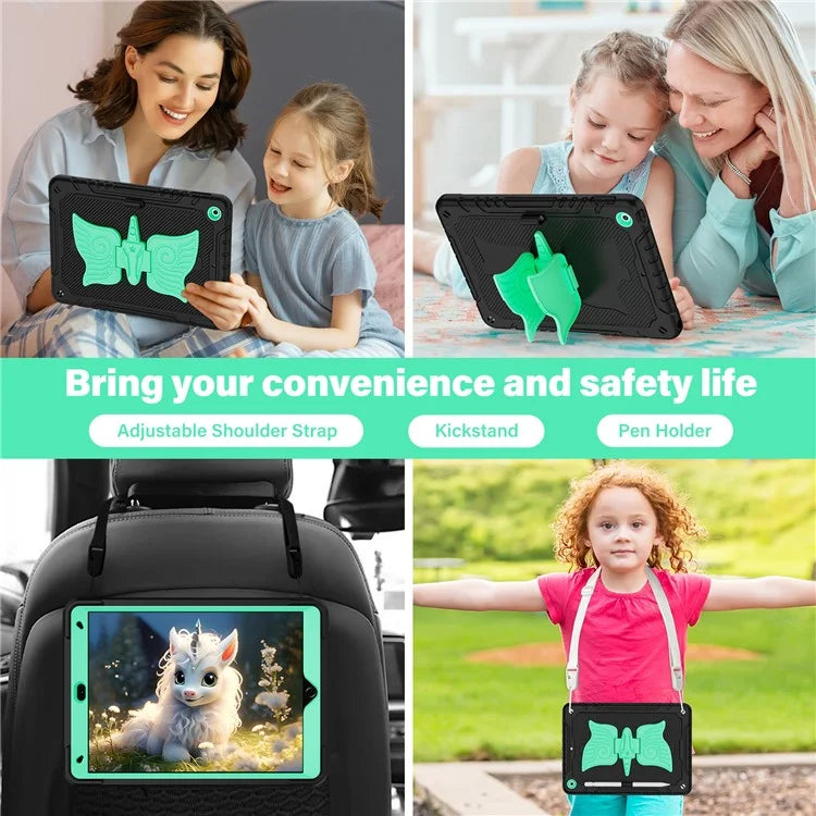 For iPad 10.2 (2021) / 10.2 (2019) / 10.2 (2020) Case Silicone+PC Unicorn Kickstand Tablet Cover with Shoulder Strap