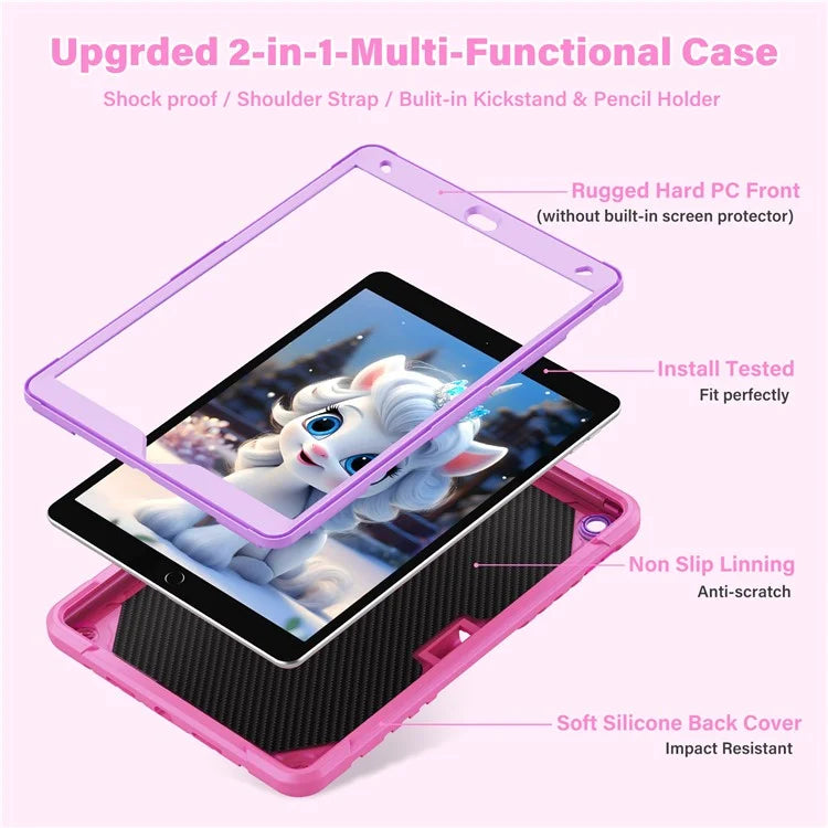 For iPad 10.2 (2021) / 10.2 (2019) / 10.2 (2020) Case Silicone+PC Unicorn Kickstand Tablet Cover with Shoulder Strap