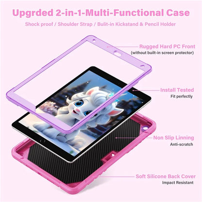 For iPad 10.2 (2021) / 10.2 (2019) / 10.2 (2020) Case Silicone+PC Unicorn Kickstand Tablet Cover with Shoulder Strap