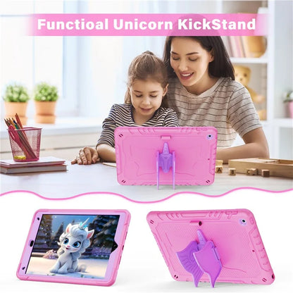 For iPad 10.2 (2021) / 10.2 (2019) / 10.2 (2020) Case Silicone+PC Unicorn Kickstand Tablet Cover with Shoulder Strap