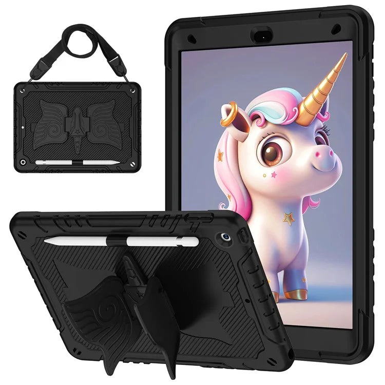 For iPad 10.2 (2021) / 10.2 (2019) / 10.2 (2020) Case Silicone+PC Unicorn Kickstand Tablet Cover with Shoulder Strap