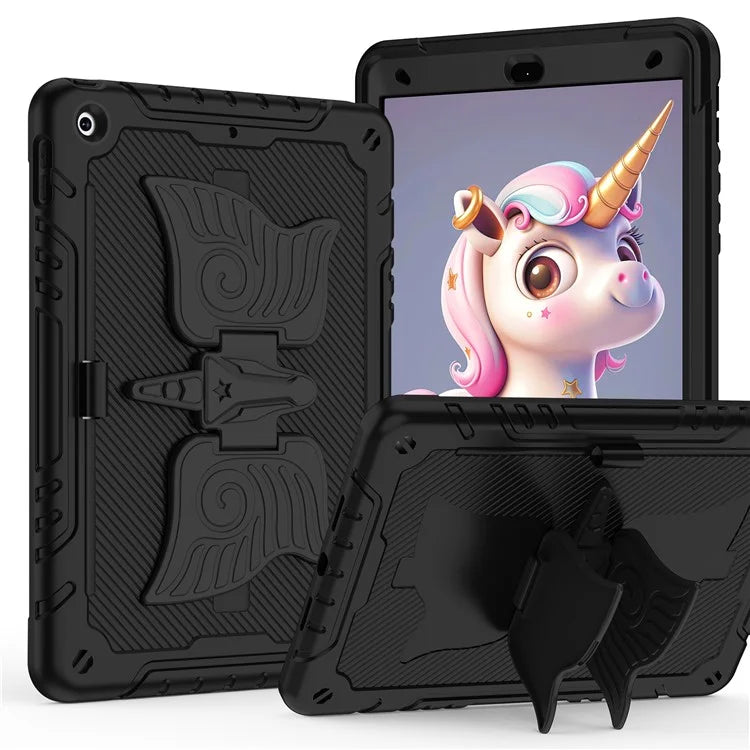 For iPad 10.2 (2021) / 10.2 (2019) / 10.2 (2020) Case Silicone+PC Unicorn Kickstand Tablet Cover with Shoulder Strap