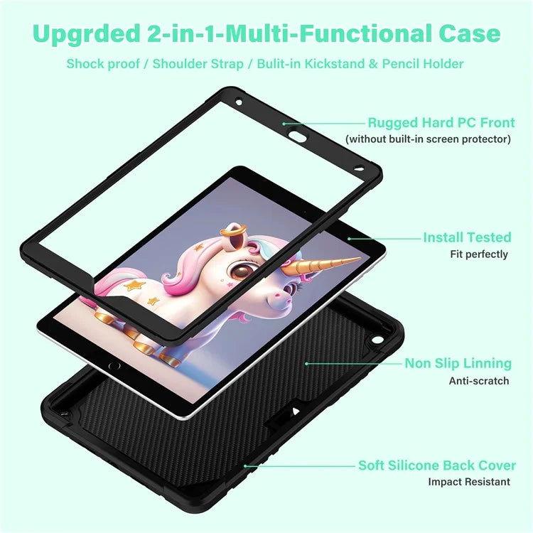 For iPad 10.2 (2021) / 10.2 (2019) / 10.2 (2020) Case Silicone+PC Unicorn Kickstand Tablet Cover with Shoulder Strap