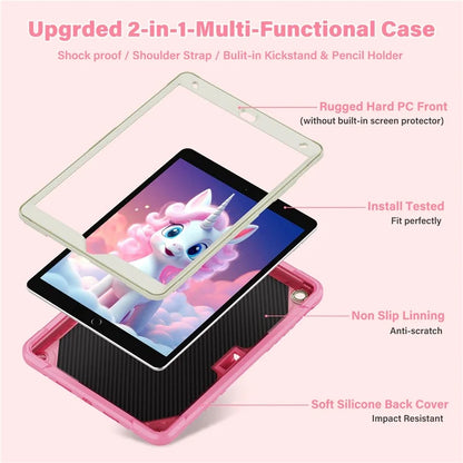 For iPad 10.2 (2021) / 10.2 (2019) / 10.2 (2020) Case Silicone+PC Unicorn Kickstand Tablet Cover with Shoulder Strap