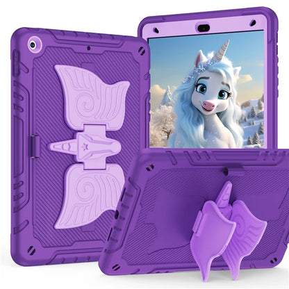 For iPad 10.2 (2021) / 10.2 (2019) / 10.2 (2020) Case Silicone+PC Unicorn Kickstand Tablet Cover with Shoulder Strap
