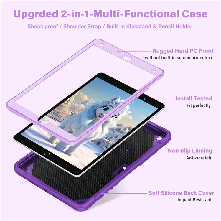 For iPad 10.2 (2021) / 10.2 (2019) / 10.2 (2020) Case Silicone+PC Unicorn Kickstand Tablet Cover with Shoulder Strap