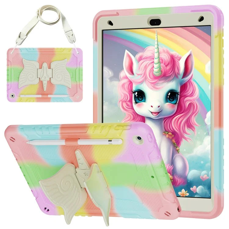 For iPad 10.2 (2021) / 10.2 (2019) / 10.2 (2020) Case Silicone+PC Unicorn Kickstand Tablet Cover with Shoulder Strap