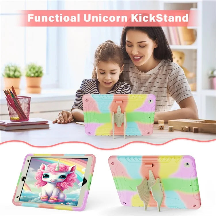 For iPad 10.2 (2021) / 10.2 (2019) / 10.2 (2020) Case Silicone+PC Unicorn Kickstand Tablet Cover with Shoulder Strap