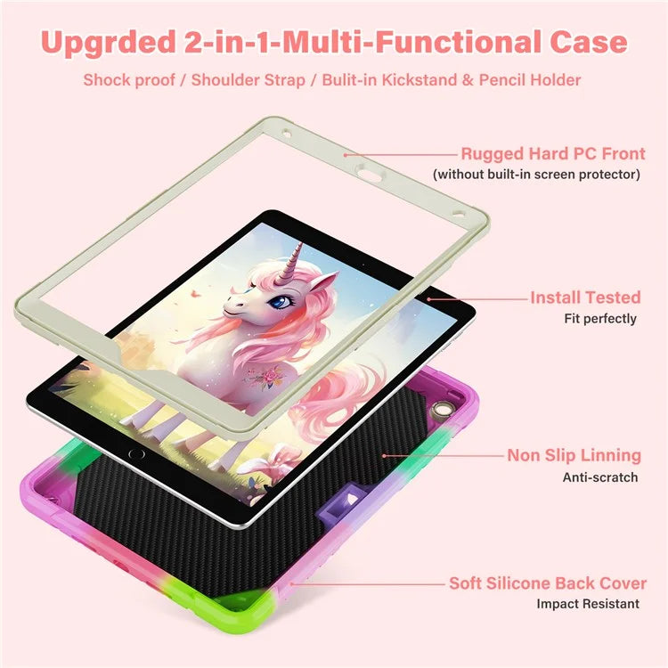 For iPad 10.2 (2021) / 10.2 (2019) / 10.2 (2020) Case Silicone+PC Unicorn Kickstand Tablet Cover with Shoulder Strap