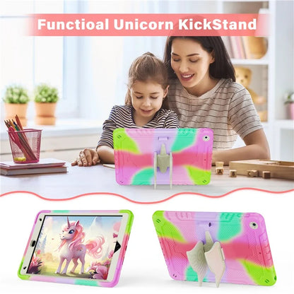 For iPad 10.2 (2021) / 10.2 (2019) / 10.2 (2020) Case Silicone+PC Unicorn Kickstand Tablet Cover with Shoulder Strap