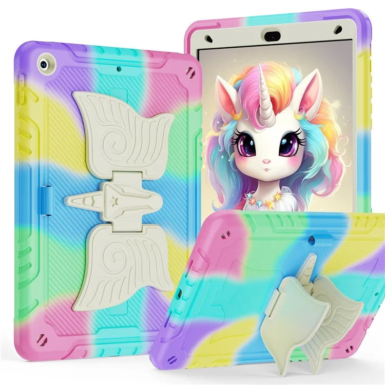 For iPad 10.2 (2021) / 10.2 (2019) / 10.2 (2020) Case Silicone+PC Unicorn Kickstand Tablet Cover with Shoulder Strap