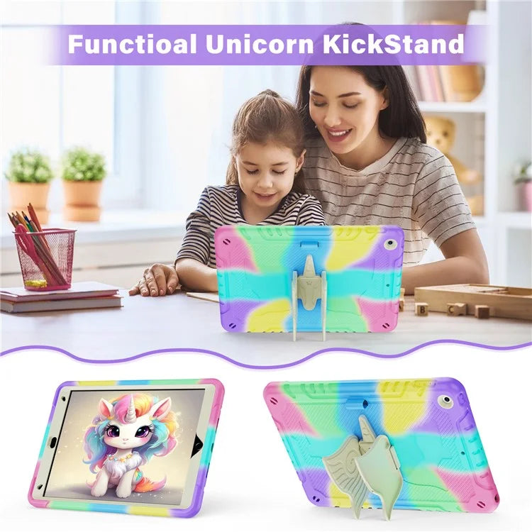 For iPad 10.2 (2021) / 10.2 (2019) / 10.2 (2020) Case Silicone+PC Unicorn Kickstand Tablet Cover with Shoulder Strap