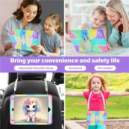 For iPad 10.2 (2021) / 10.2 (2019) / 10.2 (2020) Case Silicone+PC Unicorn Kickstand Tablet Cover with Shoulder Strap
