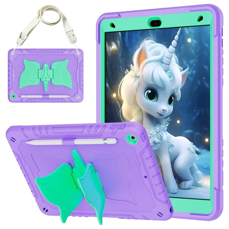 For iPad 10.2 (2021) / 10.2 (2019) / 10.2 (2020) Case Silicone+PC Unicorn Kickstand Tablet Cover with Shoulder Strap