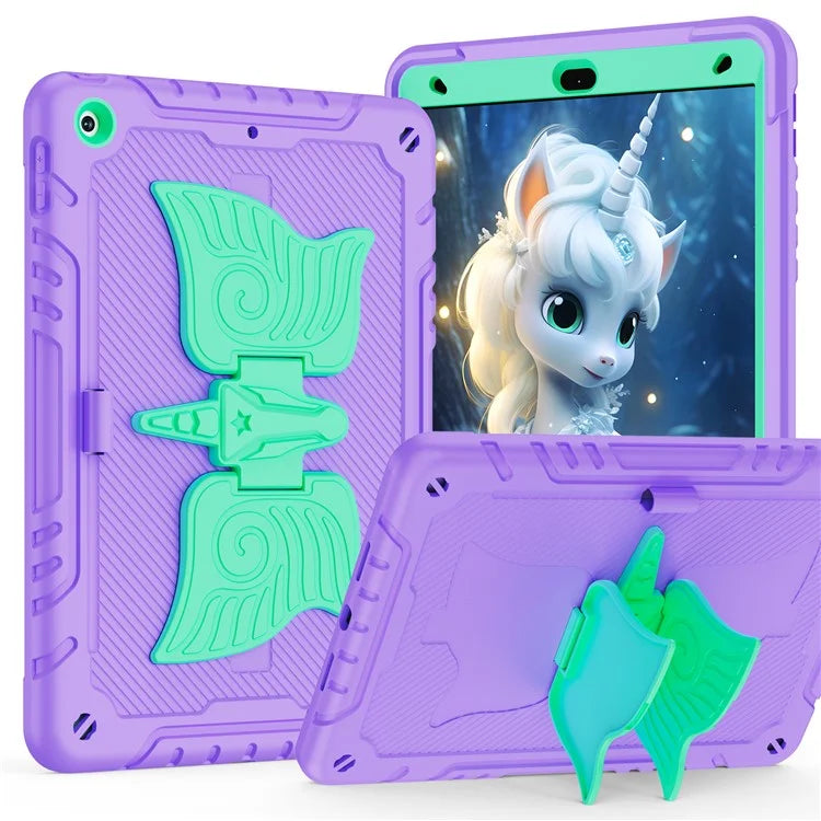 For iPad 10.2 (2021) / 10.2 (2019) / 10.2 (2020) Case Silicone+PC Unicorn Kickstand Tablet Cover with Shoulder Strap