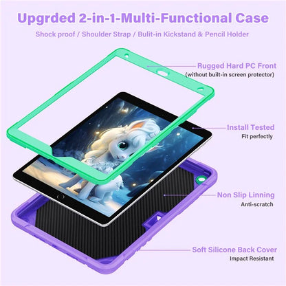 For iPad 10.2 (2021) / 10.2 (2019) / 10.2 (2020) Case Silicone+PC Unicorn Kickstand Tablet Cover with Shoulder Strap