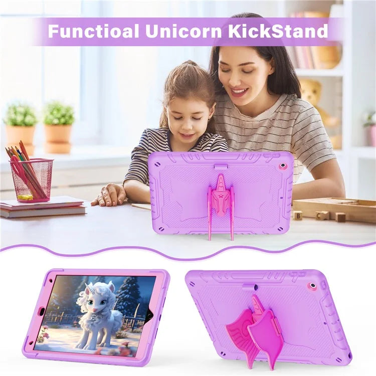 For iPad 10.2 (2021) / 10.2 (2019) / 10.2 (2020) Case Silicone+PC Unicorn Kickstand Tablet Cover with Shoulder Strap