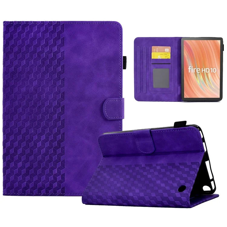 A6 For Amazon Fire HD 10 (2023) Leather Case Block Pattern Imprinted Card Slots Tablet Cover