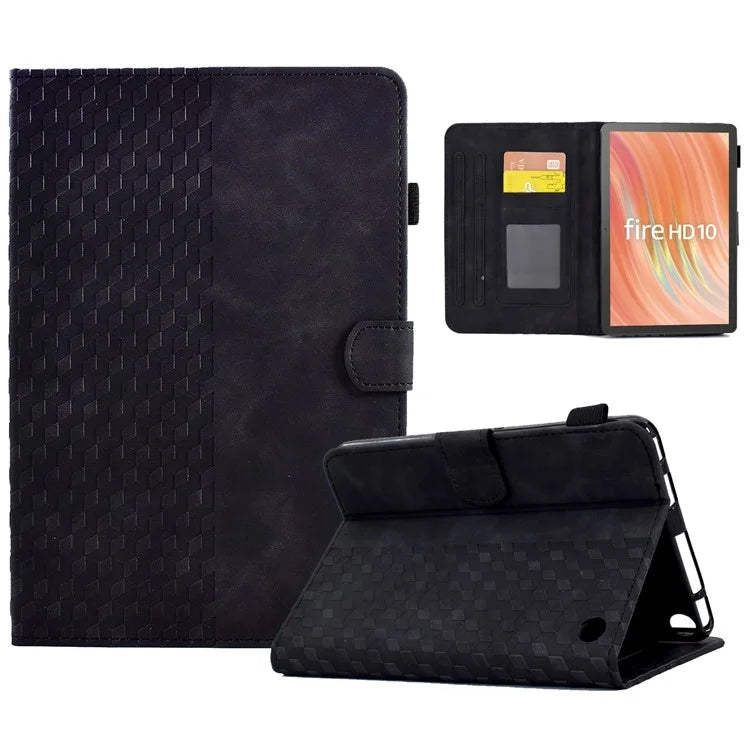 A6 For Amazon Fire HD 10 (2023) Leather Case Block Pattern Imprinted Card Slots Tablet Cover