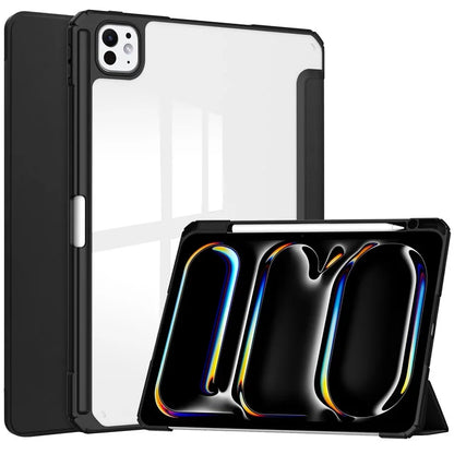 For iPad Pro 11 (2024) Case PU Leather+TPU+Acrylic Clear Tablet Cover with Pen Slot