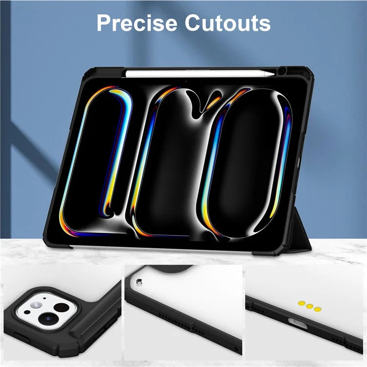 For iPad Pro 11 (2024) Case PU Leather+TPU+Acrylic Clear Tablet Cover with Pen Slot
