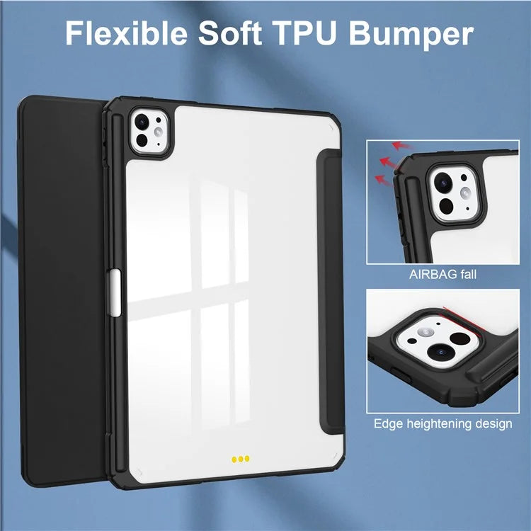 For iPad Pro 11 (2024) Case PU Leather+TPU+Acrylic Clear Tablet Cover with Pen Slot