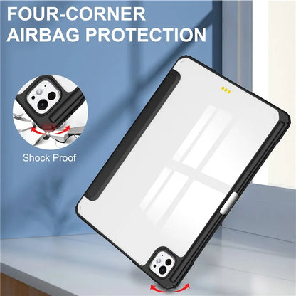For iPad Pro 11 (2024) Case PU Leather+TPU+Acrylic Clear Tablet Cover with Pen Slot