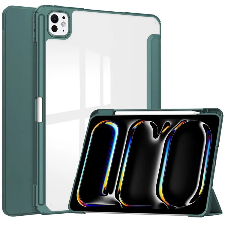 For iPad Pro 11 (2024) Case PU Leather+TPU+Acrylic Clear Tablet Cover with Pen Slot