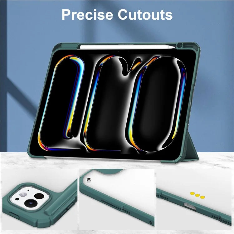 For iPad Pro 11 (2024) Case PU Leather+TPU+Acrylic Clear Tablet Cover with Pen Slot