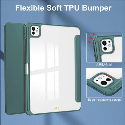 For iPad Pro 11 (2024) Case PU Leather+TPU+Acrylic Clear Tablet Cover with Pen Slot