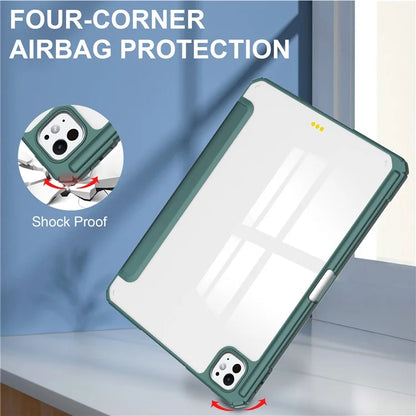 For iPad Pro 11 (2024) Case PU Leather+TPU+Acrylic Clear Tablet Cover with Pen Slot