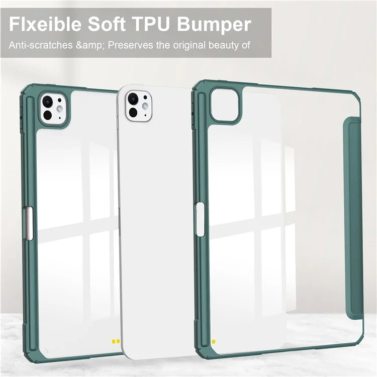 For iPad Pro 11 (2024) Case PU Leather+TPU+Acrylic Clear Tablet Cover with Pen Slot