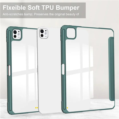For iPad Pro 11 (2024) Case PU Leather+TPU+Acrylic Clear Tablet Cover with Pen Slot