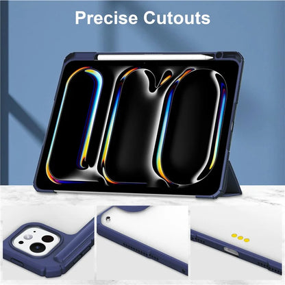 For iPad Pro 11 (2024) Case PU Leather+TPU+Acrylic Clear Tablet Cover with Pen Slot