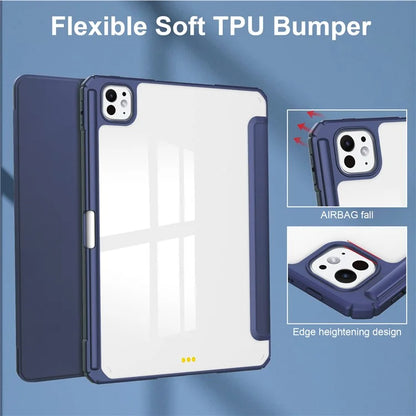 For iPad Pro 11 (2024) Case PU Leather+TPU+Acrylic Clear Tablet Cover with Pen Slot