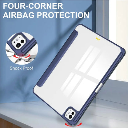 For iPad Pro 11 (2024) Case PU Leather+TPU+Acrylic Clear Tablet Cover with Pen Slot