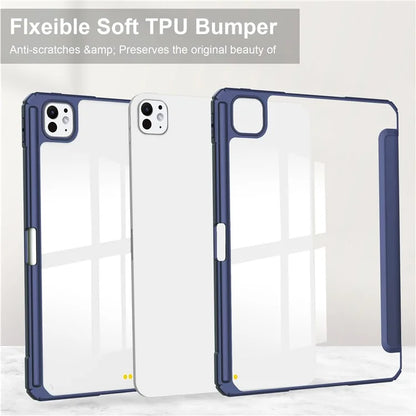 For iPad Pro 11 (2024) Case PU Leather+TPU+Acrylic Clear Tablet Cover with Pen Slot