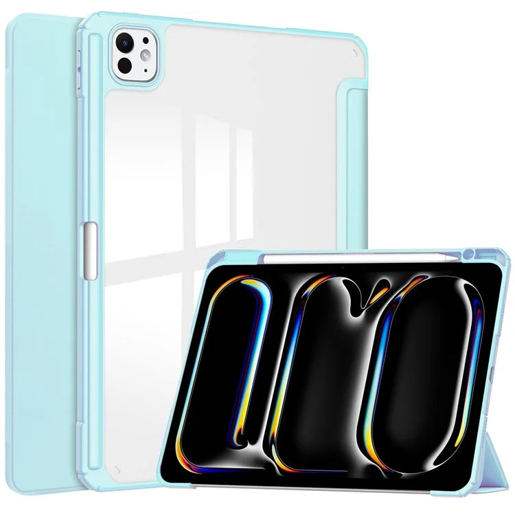 For iPad Pro 11 (2024) Case PU Leather+TPU+Acrylic Clear Tablet Cover with Pen Slot