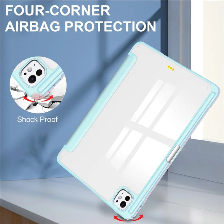 For iPad Pro 11 (2024) Case PU Leather+TPU+Acrylic Clear Tablet Cover with Pen Slot