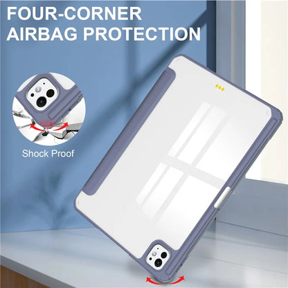 For iPad Pro 11 (2024) Case PU Leather+TPU+Acrylic Clear Tablet Cover with Pen Slot