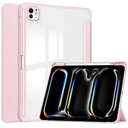 For iPad Pro 11 (2024) Case PU Leather+TPU+Acrylic Clear Tablet Cover with Pen Slot