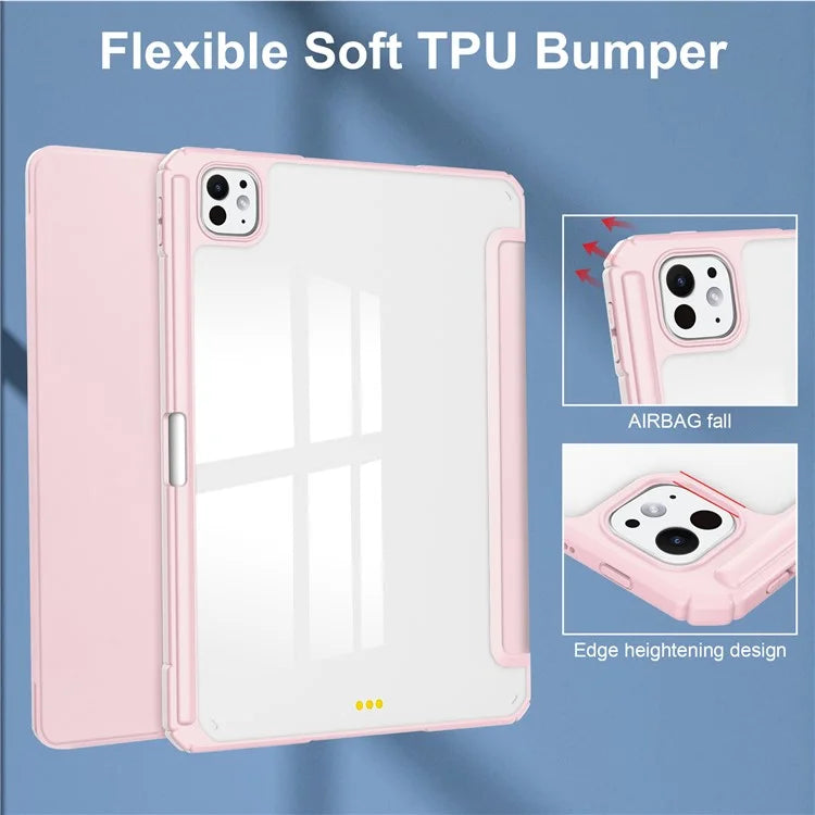For iPad Pro 11 (2024) Case PU Leather+TPU+Acrylic Clear Tablet Cover with Pen Slot